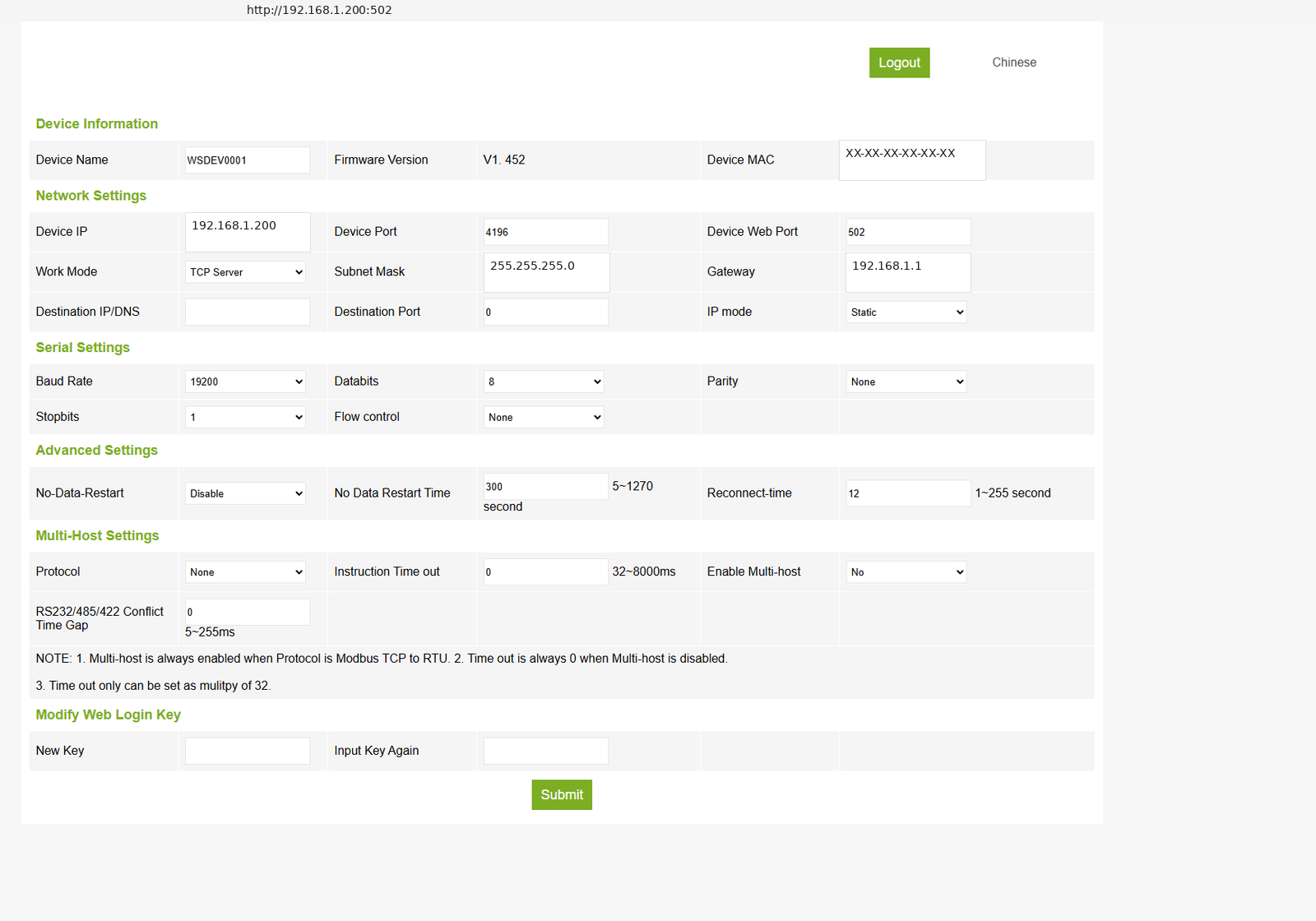 Interface web du Waveshare