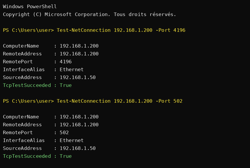 Test des ports — terminal recréé avec adresses d’exemple